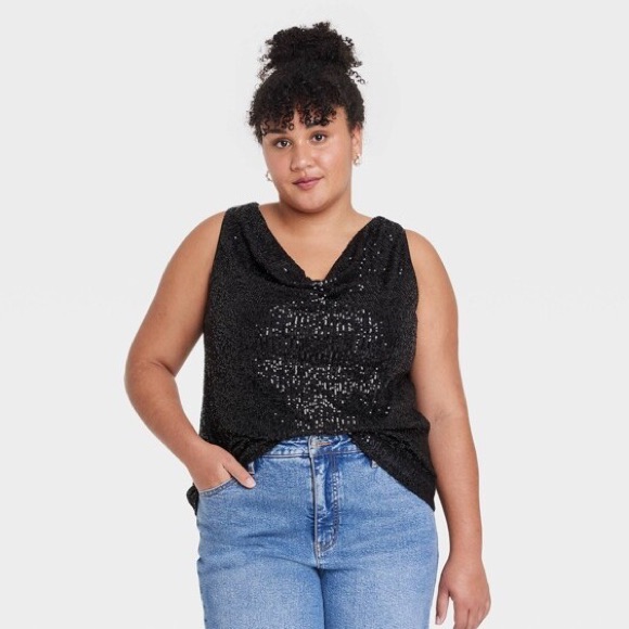 Ava & Viv Sequin Cowl Neck Black Tank Top